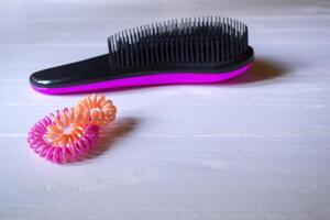 Hair care instruments. Beauty salon. Hair care tools top view. photo