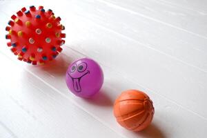 Balls for dogs. Rubber toys for pets on the white wooden background. photo