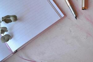 Opened notebook and pen on the pink concrete table. Beautiful business flat lay. photo