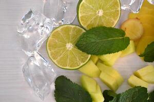 Apple, mint and lime on a white table. Ingredients for healthy lemnade. photo