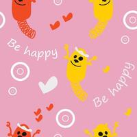 Seamless pattern. Jumping cartoon characters. Springs. Funny characters with the inscription Be happy on a pink background. vector