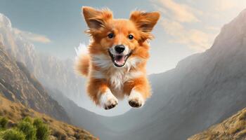 AI generated Dog jumping in the air, small orange fluffy dog on isolated backgroun, animals, pet, hungry, playing, puppy wanting food, puppy. photo