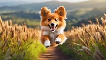 AI generated Dog jumping in the air, small orange fluffy dog on isolated backgroun, animals, pet, hungry, playing, puppy wanting food, puppy. photo