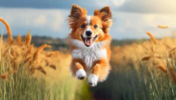 AI generated Dog jumping in the air, small orange fluffy dog on isolated backgroun, animals, pet, hungry, playing, puppy wanting food, puppy. photo