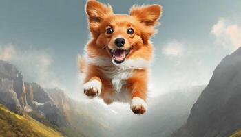 AI generated Dog jumping in the air, small orange fluffy dog on isolated backgroun, animals, pet, hungry, playing, puppy wanting food, puppy. photo