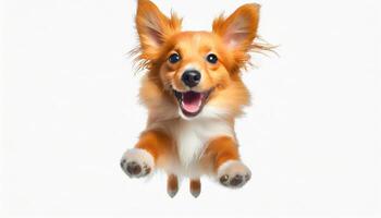 AI generated Dog jumping in the air, small orange fluffy dog on isolated backgroun, animals, pet, hungry, playing, puppy wanting food, puppy. photo