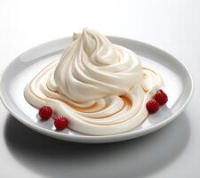 ai generado ver de delicioso dulce crema comida en un plato en un blanco antecedentes foto