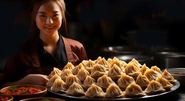 AI generated A girl is standing in the kitchen with delicious funny dumpling recipe photo