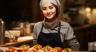 AI generated A girl is standing in the kitchen with delicious funny dumpling recipe photo