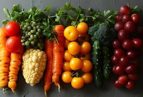 AI generated Beautiful view of a variety of nutritious fruits and vegetables on a table photo