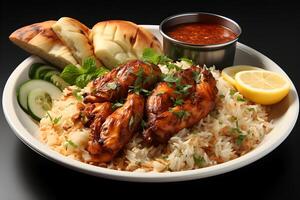 AI generated Delicious chicken run fried and rice scene with salad on a plate photo