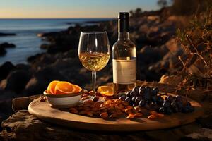 AI generated View of a beautiful glass of wine and some fruit and bottles at the seaside location photo