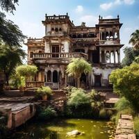 ai generado hermosa ver de un antiguo zamindar casa y algunos verde arboles foto