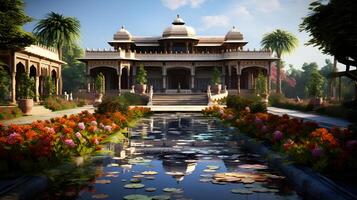 AI generated Beautiful view of an old Zamindar house and some green trees photo