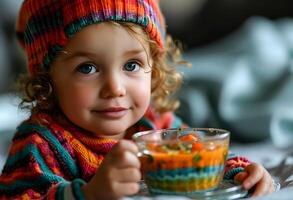 ai generado un pequeño niña es sentado y comiendo nutritivo comida foto