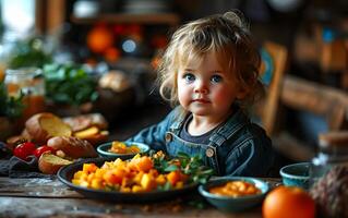 ai generado un pequeño niña es sentado y comiendo nutritivo comida foto