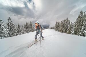 Child climbs on sealskin skis photo