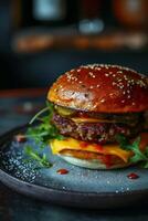 AI generated Tasty juicy burger on the plate with fried potato on restaurant table photo