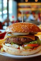 AI generated Tasty juicy burger on the plate with fried potato on restaurant table photo