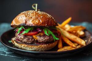 AI generated Tasty juicy burger on the plate with fried potato on restaurant table photo