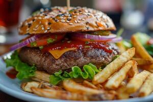 AI generated Tasty juicy burger on the plate with fried potato on restaurant table photo