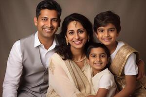 AI generated Illustration photo portrait of beautiful indian family. Parents with kids on studio background