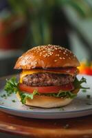 AI generated Tasty juicy burger on the plate with fried potato on restaurant table photo