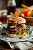 AI generated Tasty juicy burger on the plate with fried potato on restaurant table photo