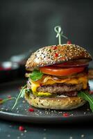 AI generated Tasty juicy burger on the plate with fried potato on restaurant table photo