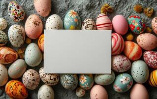 AI generated Artistic Easter Eggs Arrangement with Blank Space for Text photo