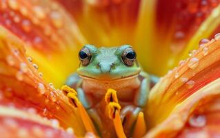 ai generado alto definición macro de un verde rana ocultado por luminoso naranja flores foto