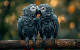 AI generated A Duo of African Grey Parrots on a Branch in the Wilderness photo