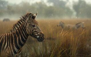 ai generado en medio de el lluvia, un alerta cebra en el africano llanuras foto