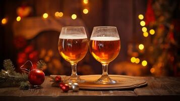 AI generated Festive Beer Glasses Amidst Christmas Decoration photo