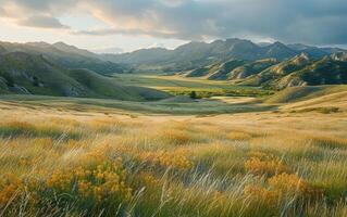 AI generated Panoramic Rolling Hills and Gentle Meadows photo