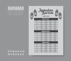 Ramadan Calendar Design Template 2024, Ramadan schedule, Imsakia design for Ramadan Kareem 2024 - 1445 Prayer times in Ramadan, Islamic Calendar and Sehri Ifter time Schedule. vector