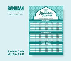 Ramadan Calendar Design Template 2024, Ramadan schedule, Imsakia design for Ramadan Kareem 2024 - 1445 Prayer times in Ramadan, Islamic Calendar and Sehri Ifter time Schedule. vector