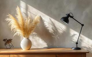 AI generated Wooden Sideboard Featuring Sunlit Pampas Grass and Chic Lamp photo