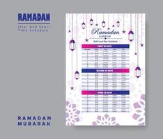 Ramadan Calendar Design Template 2024, Ramadan schedule, Imsakia design for Ramadan Kareem 2024 - 1445 Prayer times in Ramadan, Islamic Calendar and Sehri Ifter time Schedule. vector