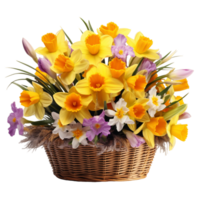 AI generated Fresh colorful yellow roses and blue irises in a basket against png