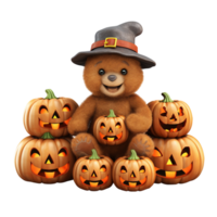 ai gegenereerd teddy beer tekenfilm in halloween kostuum met pompoen png