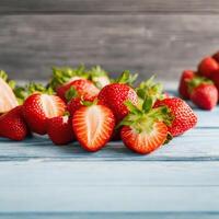 ai generado ap de Fresco fresas en cuenco en blanco de madera antecedentes. parte superior ver punto. foto