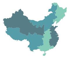 China map. Map of China in eight main regions in multicolor vector