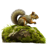 AI generated Squirrel on green mossy rock png