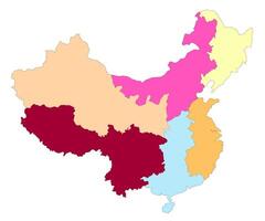 China map. Map of China in eight main regions in multicolor vector