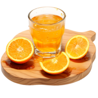 ai gegenereerd oranje sap in een glas met fruit over- houten tafel png