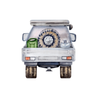 Off road car rear view with spare tyre, car wheel, fuel can, gas bottle element. For tourism, travel, camping, transport designs, prints, fliers. Watercolor illustration on transparent background png