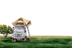 Car with roof top tent on grass with a tree. 4WD truck. Camping card design for adventure, tourism, outdoors, 4x4 off-roading. Copy space template. Watercolor illustration on transparent background png