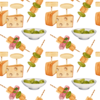 Seamless pattern with plate of green olives, pieces of cheese, ham and parsley on skewers. Hand drawn watercolor illustration isolated on transparent background. Textile, fabric, print, card design. png