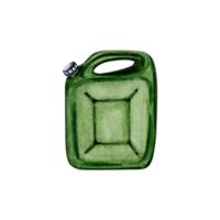 Green jerry can. Fuel container. Diesel. Hand drawn element for tourism, touring, outdoors, 4x4 off-roading, car repair, camping designs. Watercolor illustration isolated on transparent background png